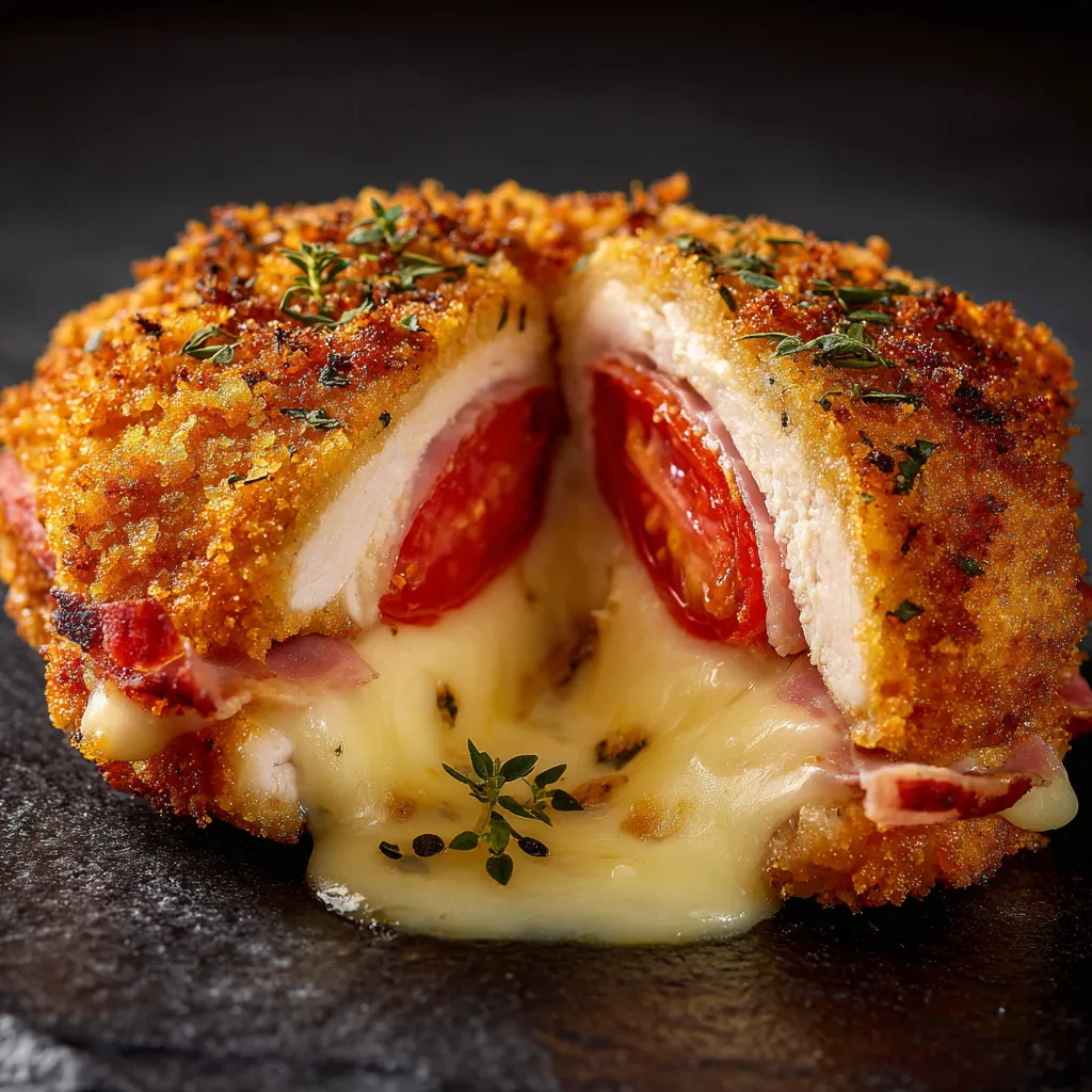 Milanesa a la Napolitana sin cerdo recién salida del horno con queso fundido y salsa de tomate