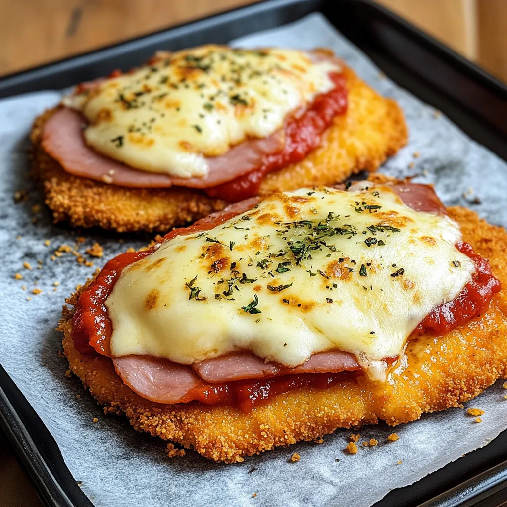 Milanesas a la napolitana recién gratinadas en una bandeja con queso derretido y orégano.