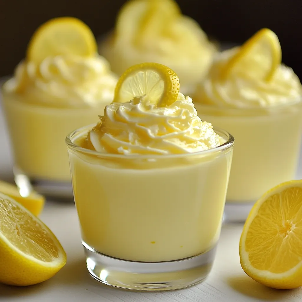 Postre de mousse de limón servido en vasitos individuales con decoración de ralladura y menta.