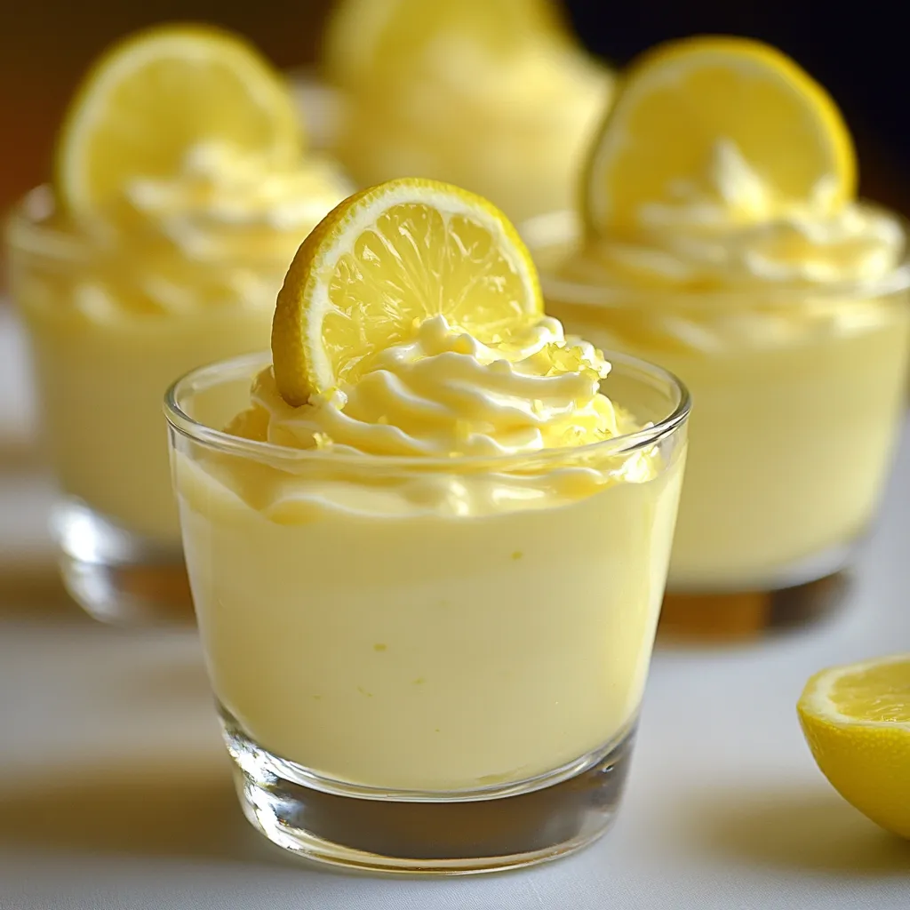 Postre de mousse de limón servido en vasitos individuales con decoración de ralladura y menta.