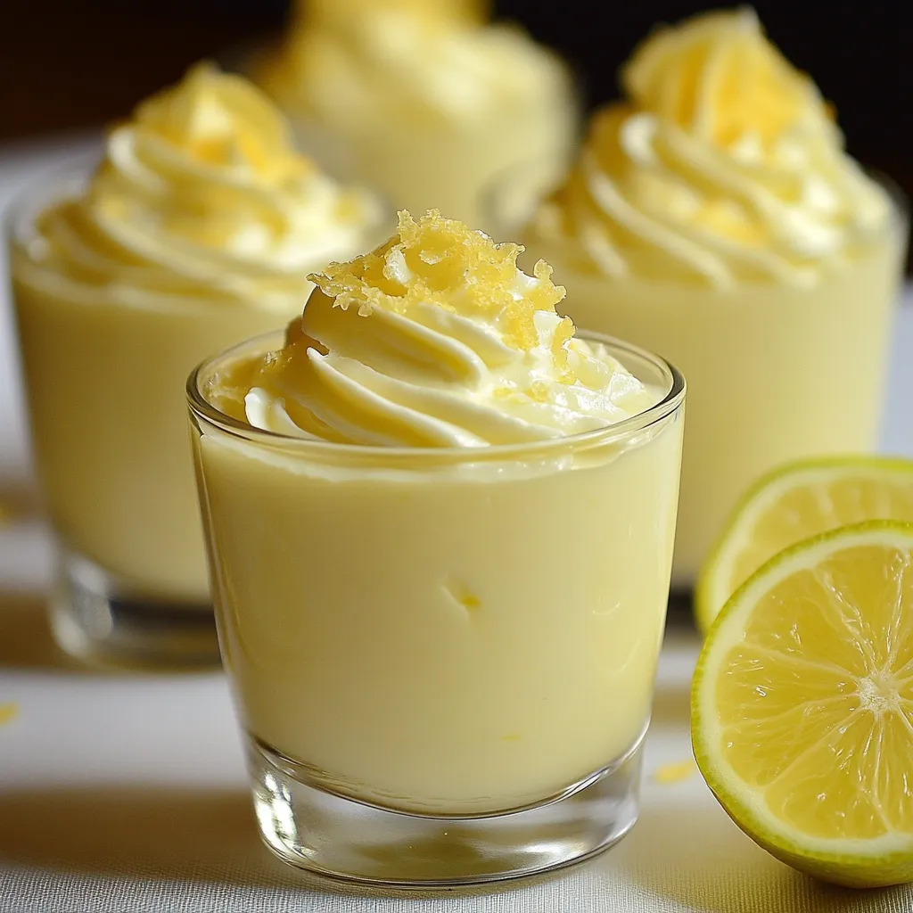 Postre de mousse de limón servido en vasitos individuales con decoración de ralladura y menta.