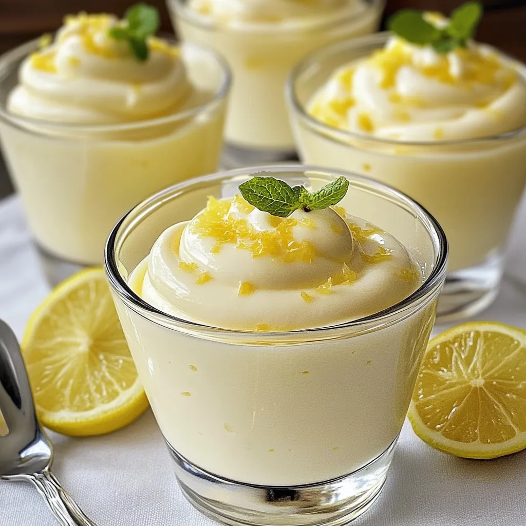 Postre de mousse de limón servido en vasitos individuales con decoración de ralladura y menta.