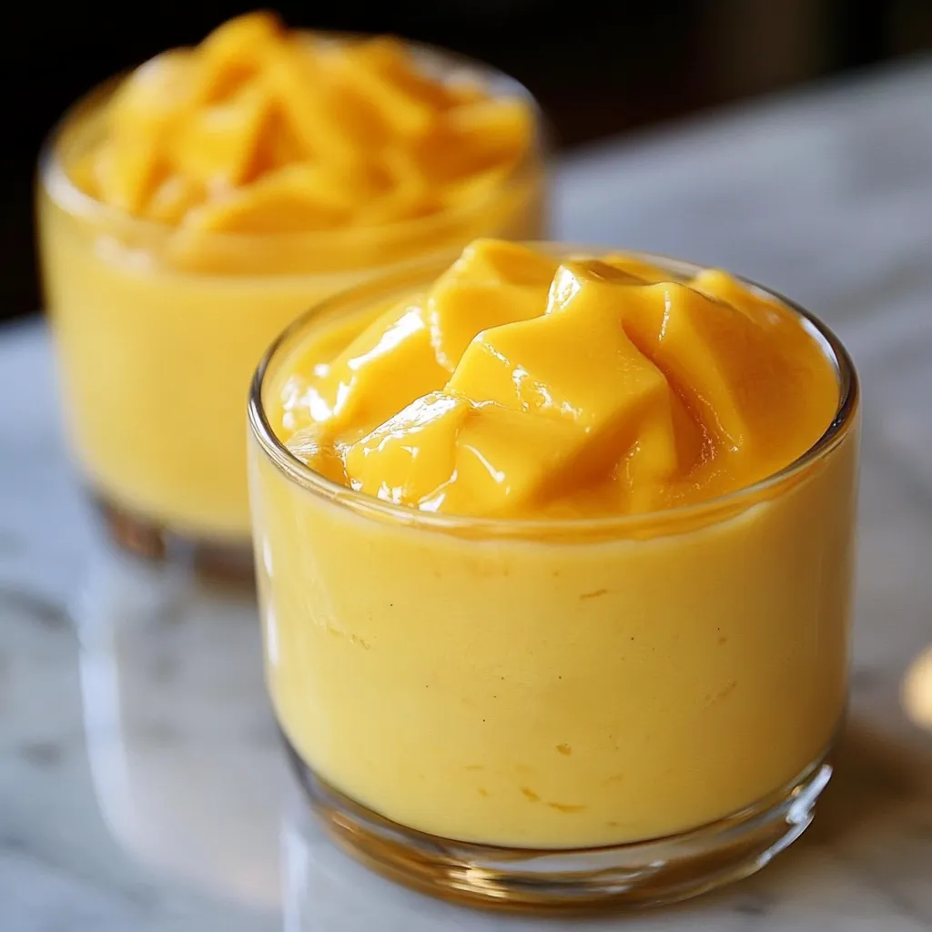 Mousse de mango servida en vaso con decoración de menta y trozos de fruta