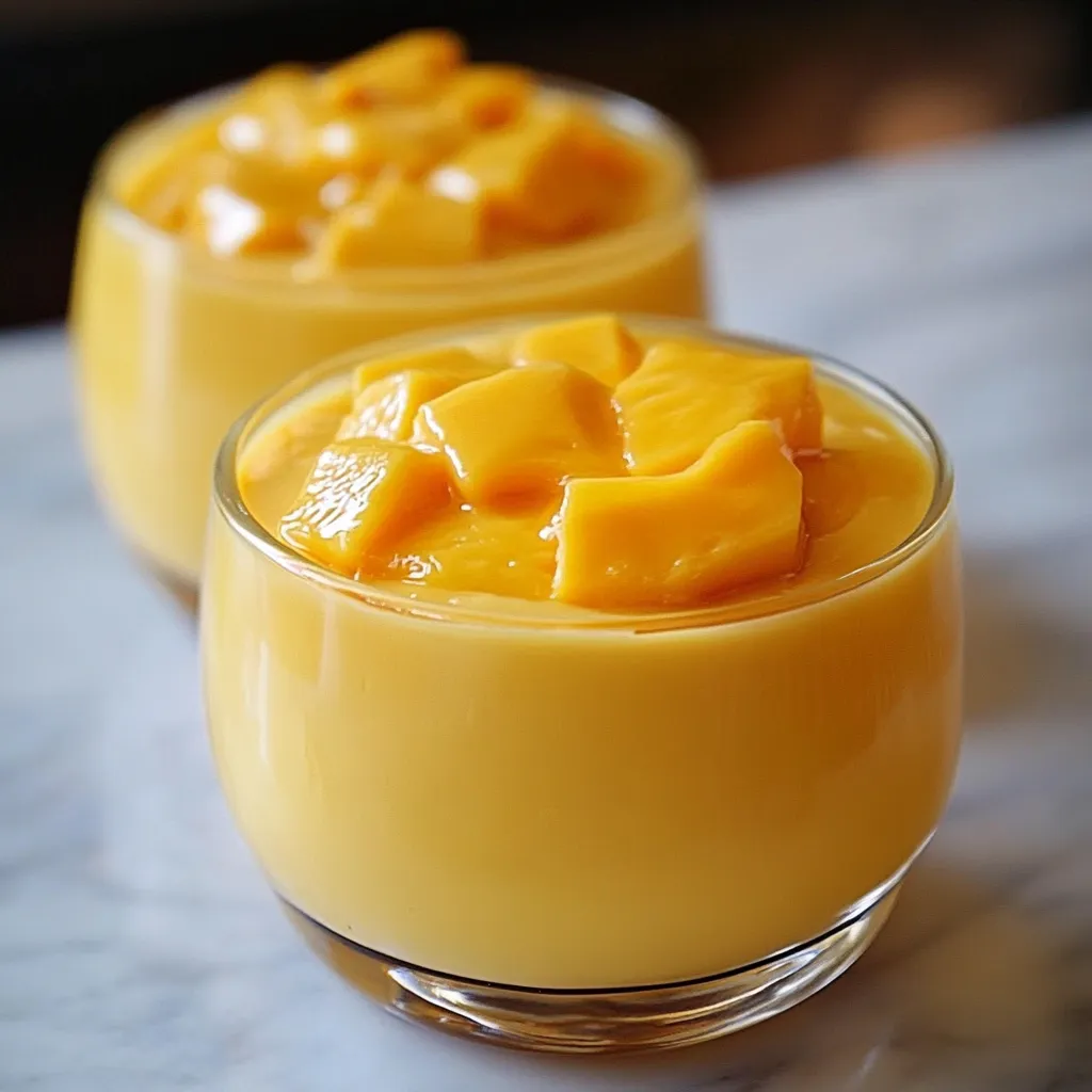 Mousse de mango servida en vaso con decoración de menta y trozos de fruta