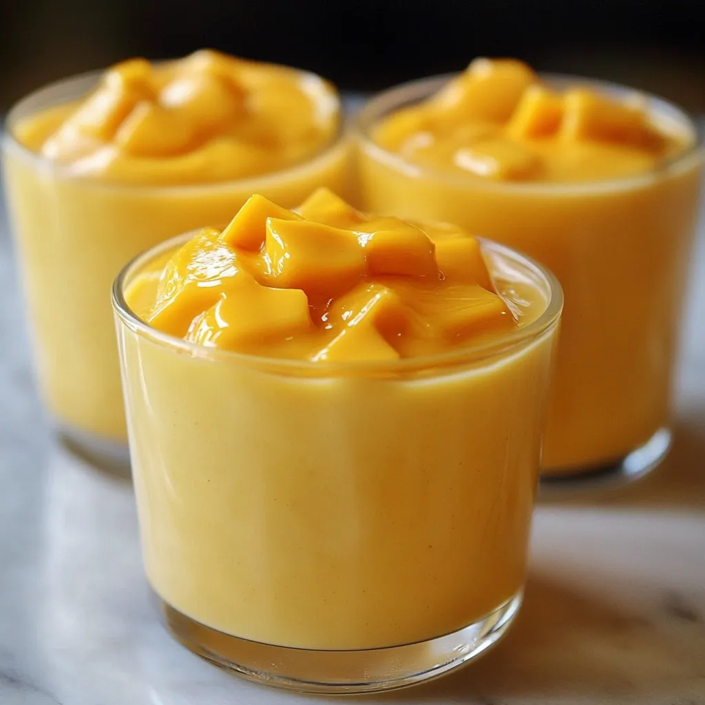 Mousse de mango servida en vaso con decoración de menta y trozos de fruta