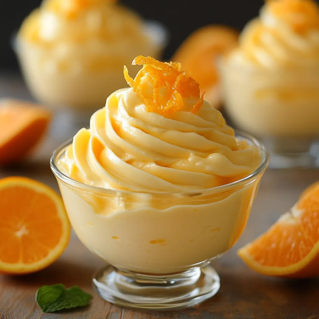 mousse de naranja servida en copas con ralladura decorativa