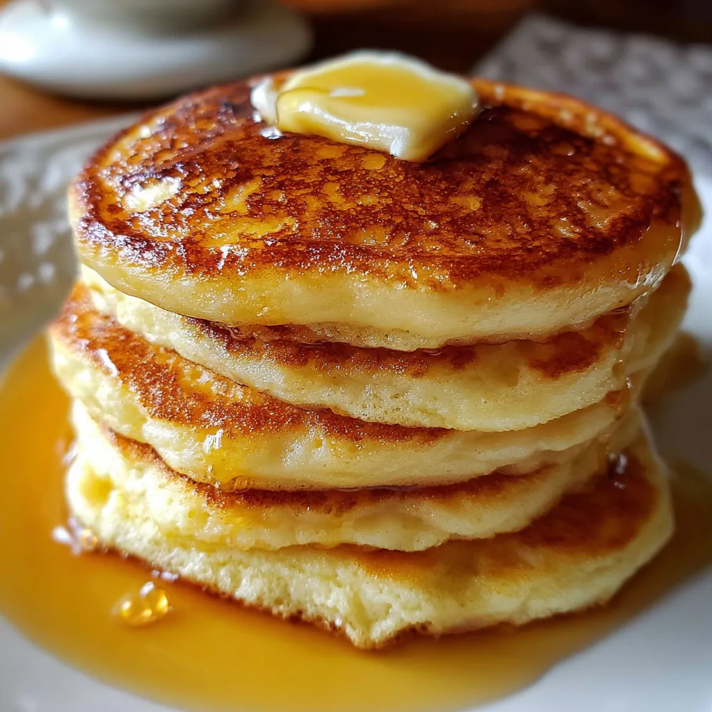 Panqueques esponjosos servidos con frutas frescas en plato de desayuno