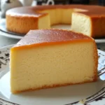 “Porción de pastel de leche condensada con textura húmeda, dorado por fuera y blanco por dentro, servido en plato blanco”