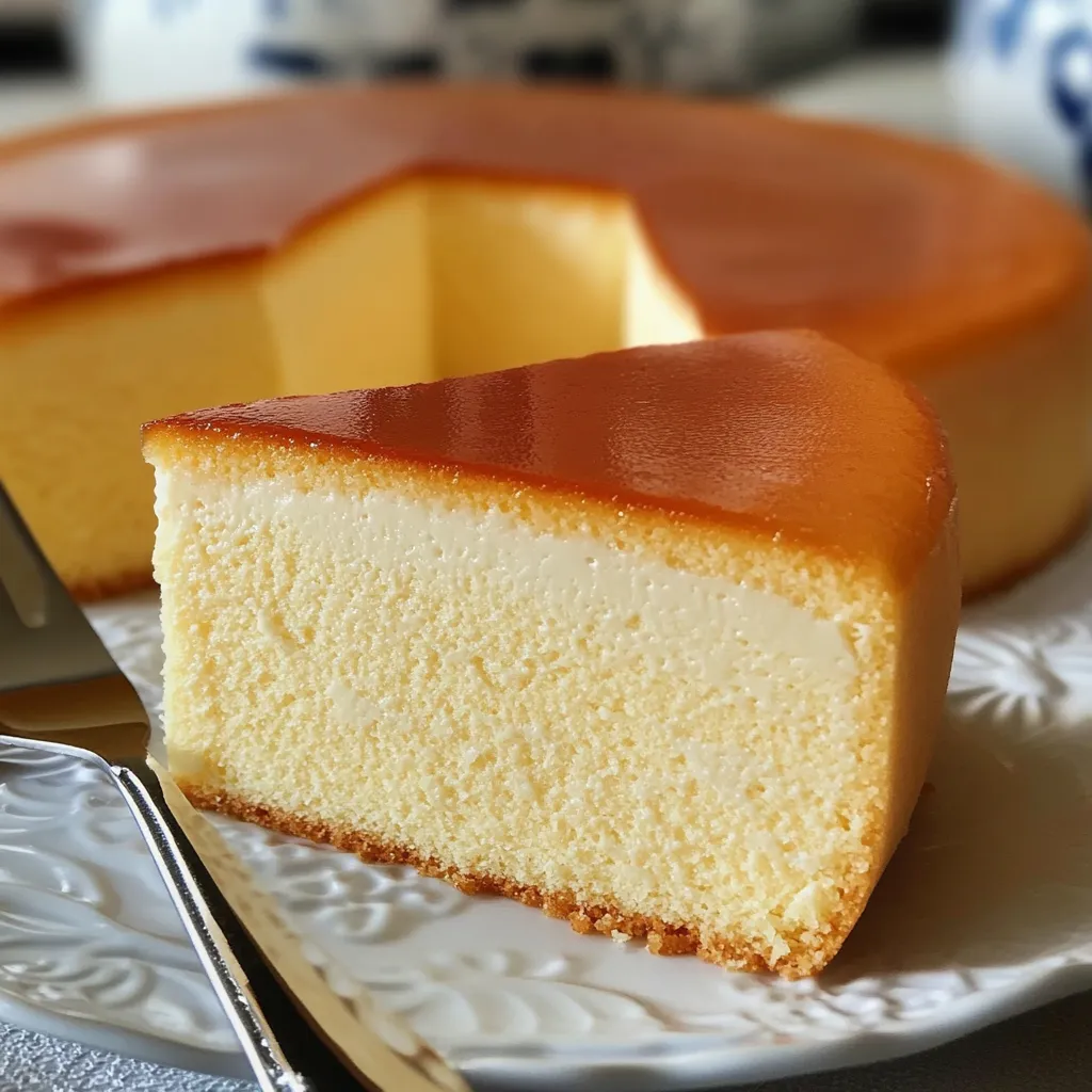 “Porción de pastel de leche condensada con textura húmeda, dorado por fuera y blanco por dentro, servido en plato blanco”