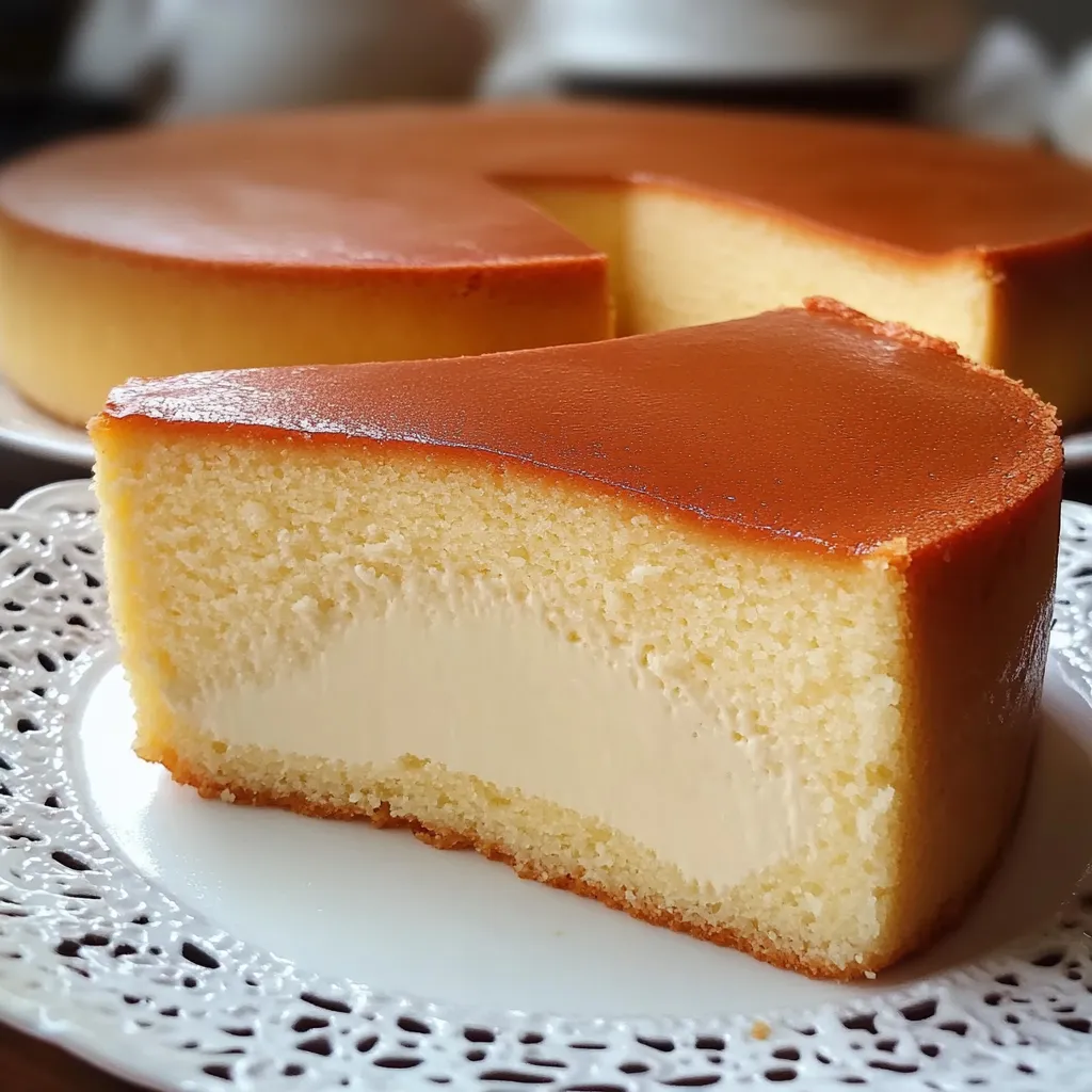 “Porción de pastel de leche condensada con textura húmeda, dorado por fuera y blanco por dentro, servido en plato blanco”