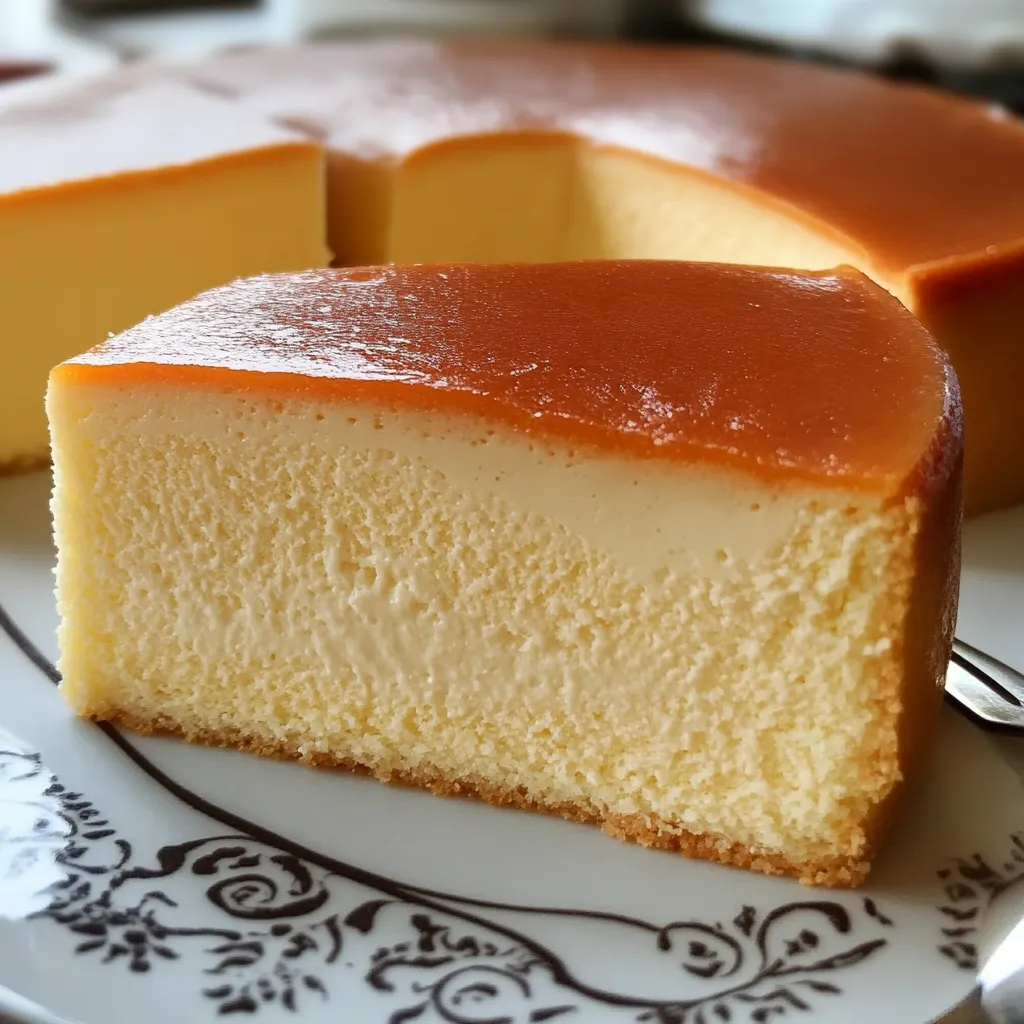 “Porción de pastel de leche condensada con textura húmeda, dorado por fuera y blanco por dentro, servido en plato blanco”