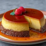 Pastel imposible de chocolate con flan invertido y caramelo brillante