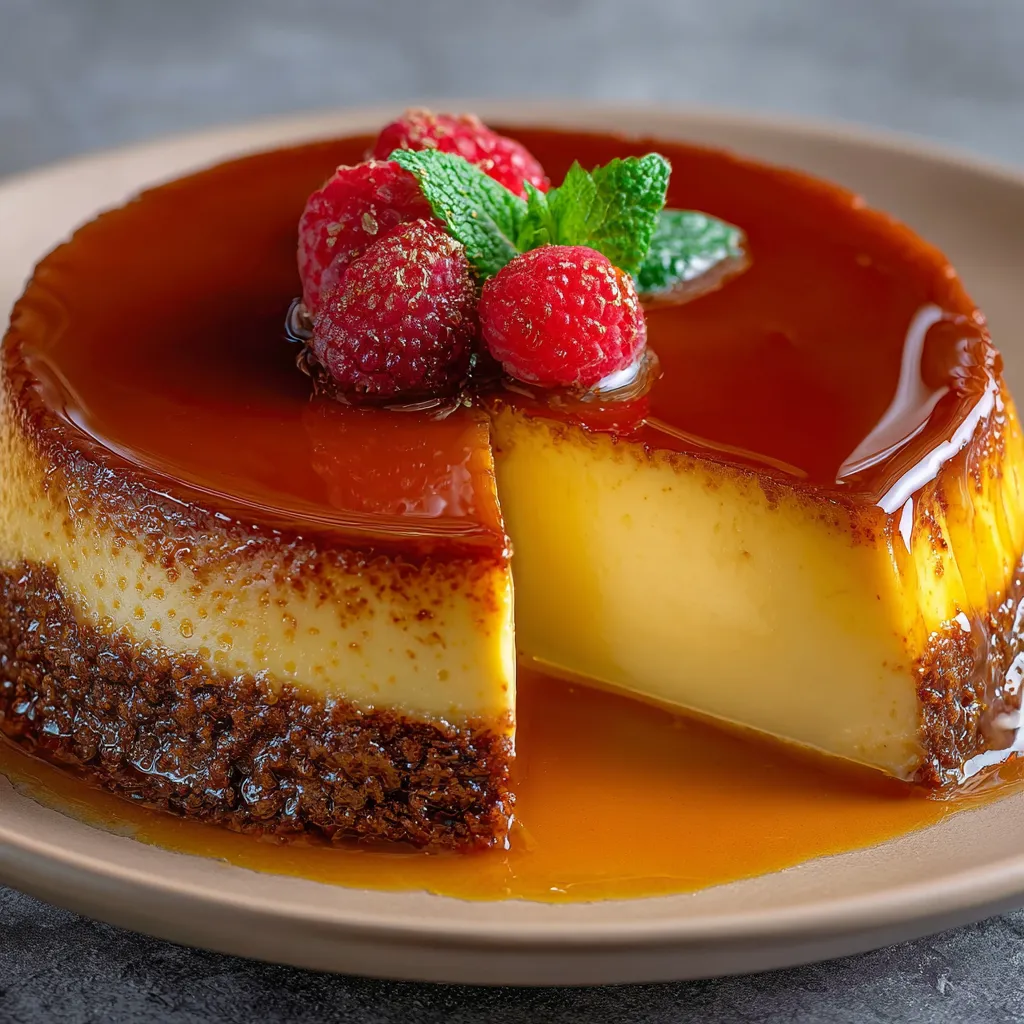 Pastel imposible de chocolate con flan invertido y caramelo brillante