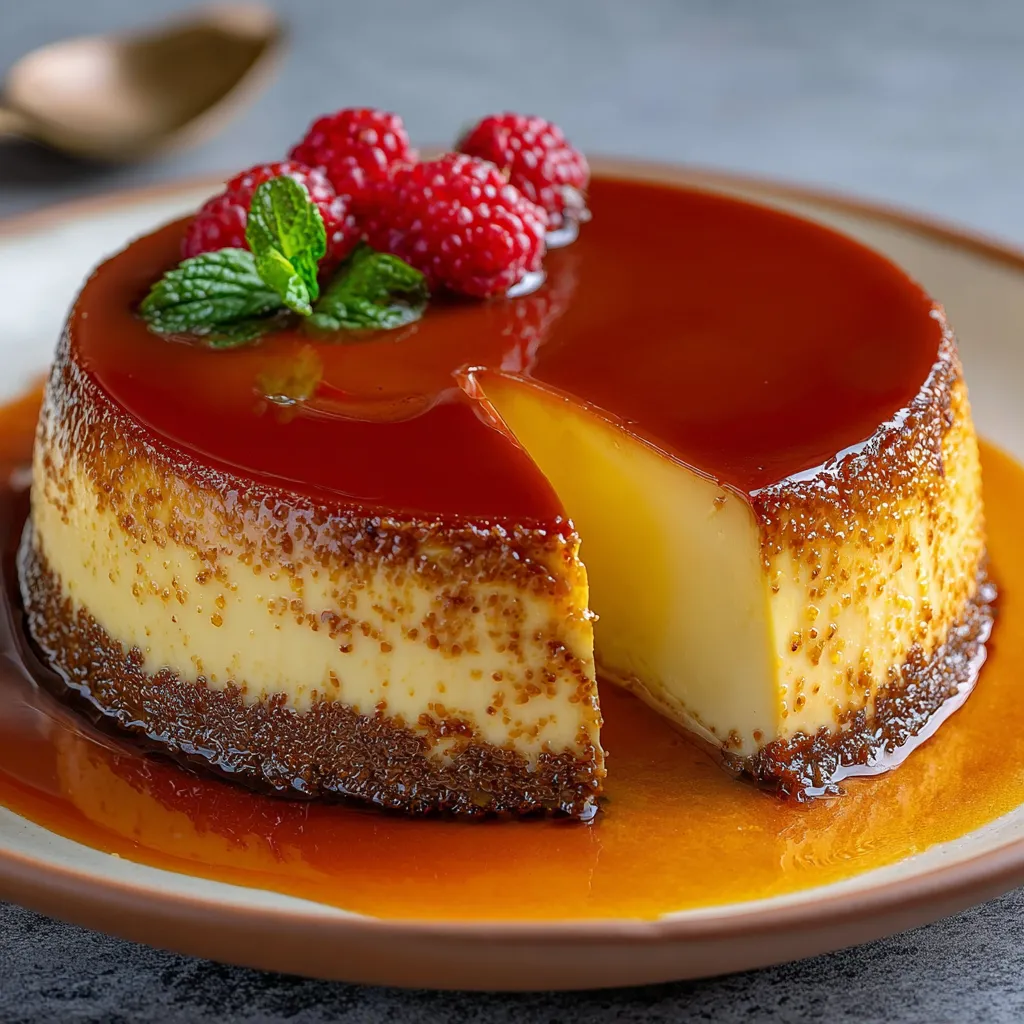 Pastel imposible de chocolate con flan invertido y caramelo brillante