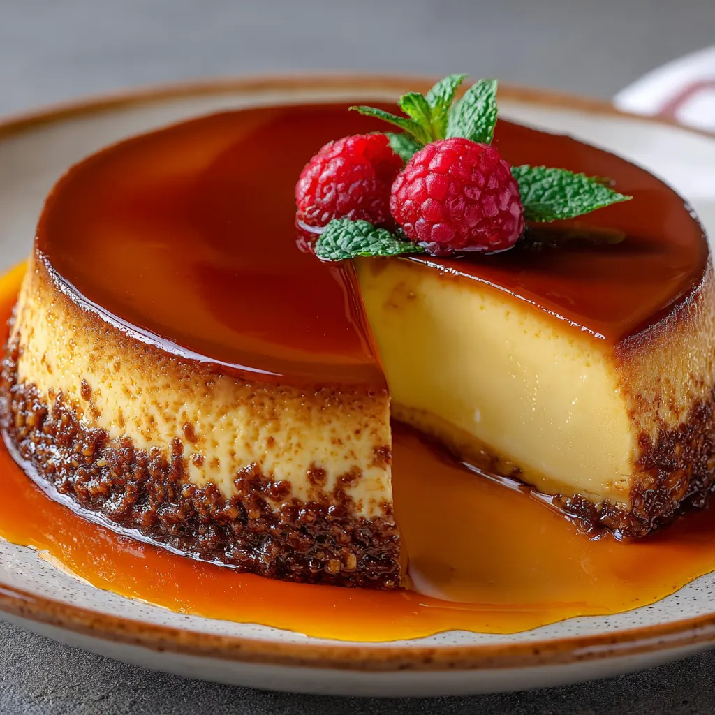 Pastel imposible de chocolate con flan invertido y caramelo brillante