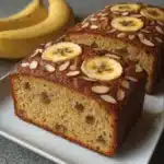 Pastel saludable casero con plátano, avena y almendras recién horneado en molde rectangular