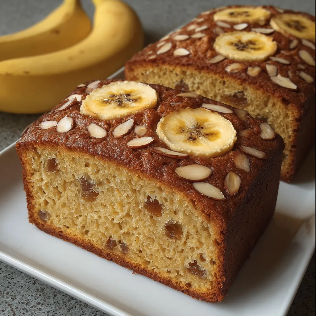 Pastel saludable casero con plátano, avena y almendras recién horneado en molde rectangular