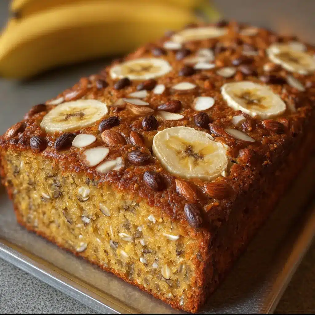 Pastel saludable casero con plátano, avena y almendras recién horneado en molde rectangular