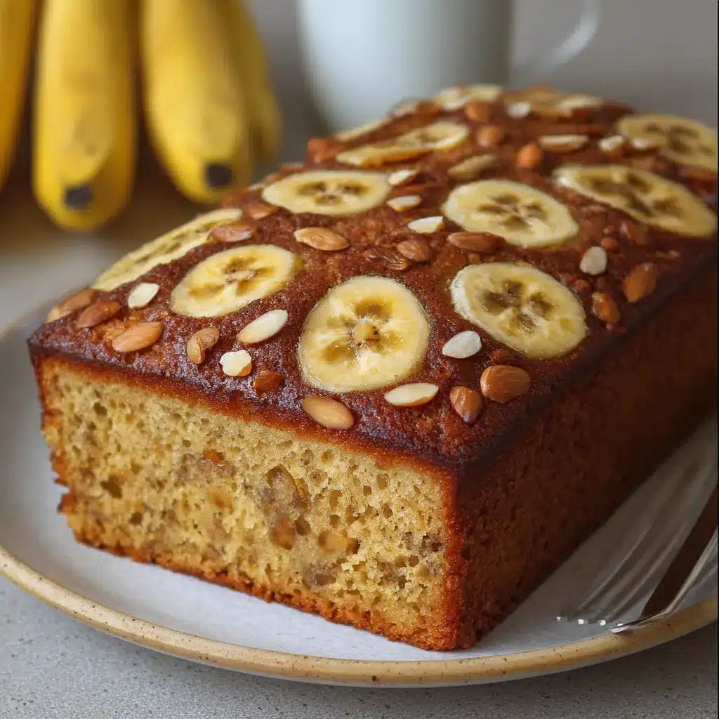 Pastel saludable casero con plátano, avena y almendras recién horneado en molde rectangular
