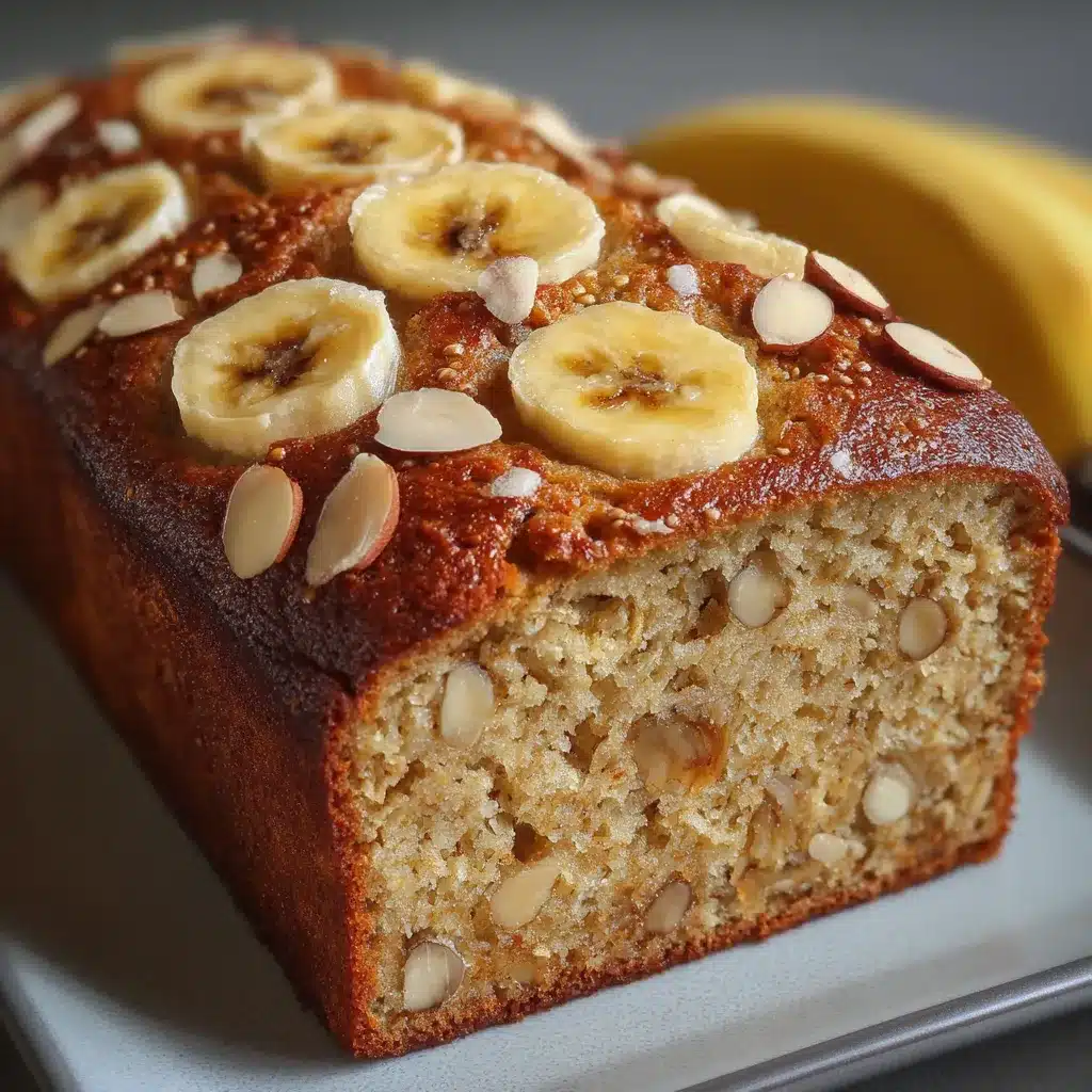 Pastel saludable casero con plátano, avena y almendras recién horneado en molde rectangular