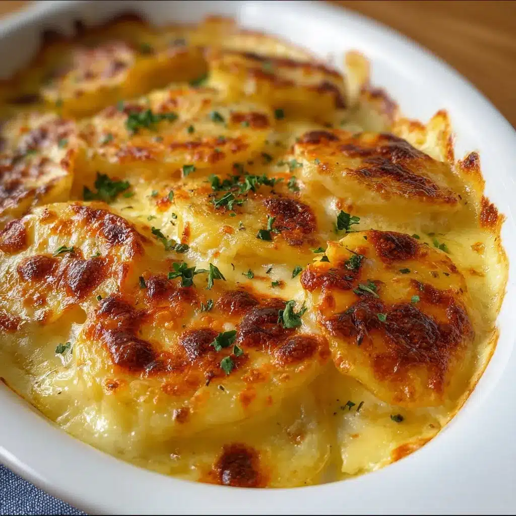 Fuente de cerámica blanca con patatas gratinadas doradas y cremosas recién salidas del horno