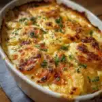 Fuente de cerámica blanca con patatas gratinadas doradas y cremosas recién salidas del horno
