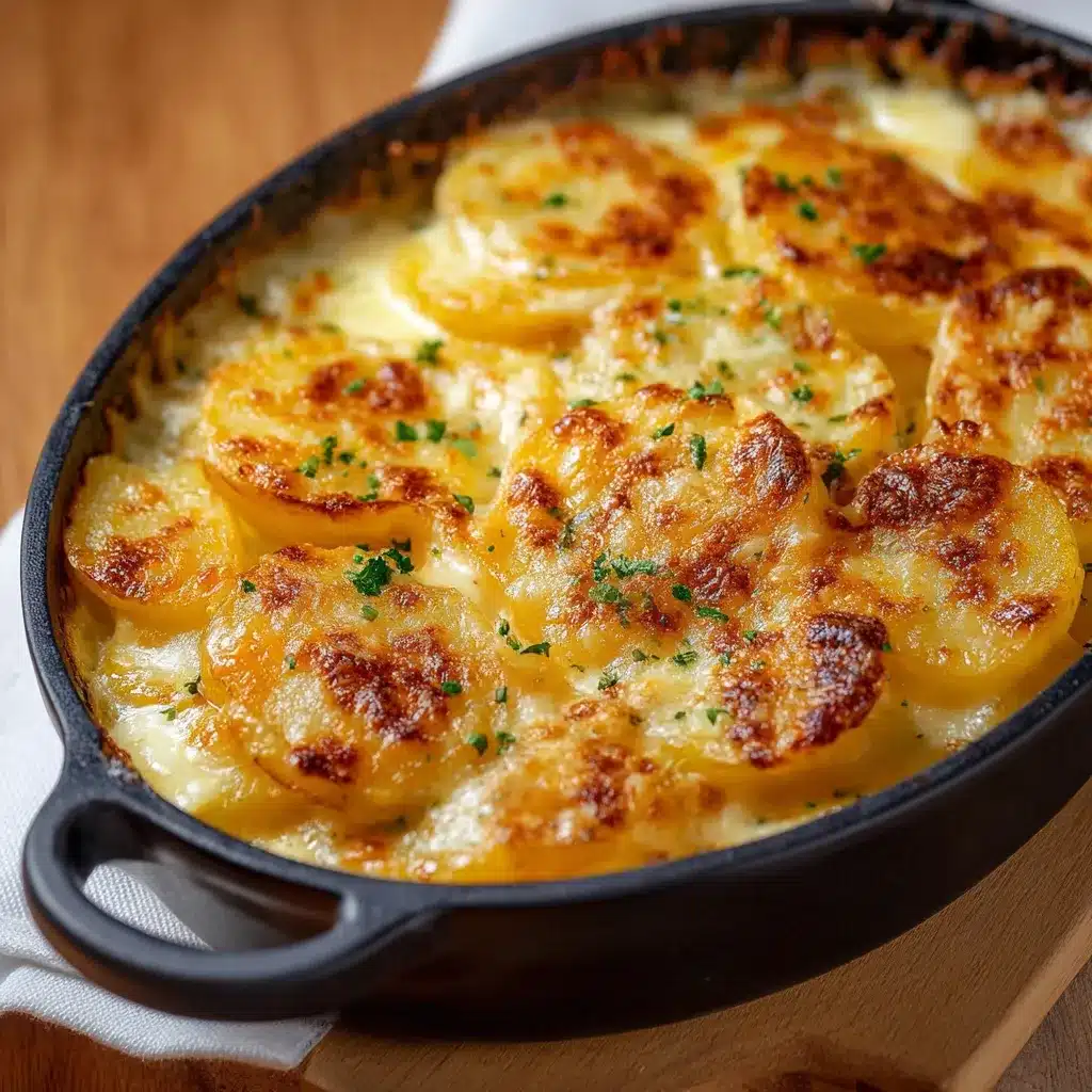 Fuente de cerámica blanca con patatas gratinadas doradas y cremosas recién salidas del horno