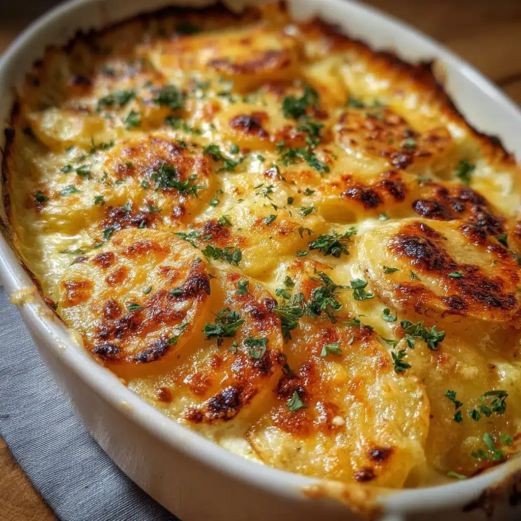Fuente de cerámica blanca con patatas gratinadas doradas y cremosas recién salidas del horno