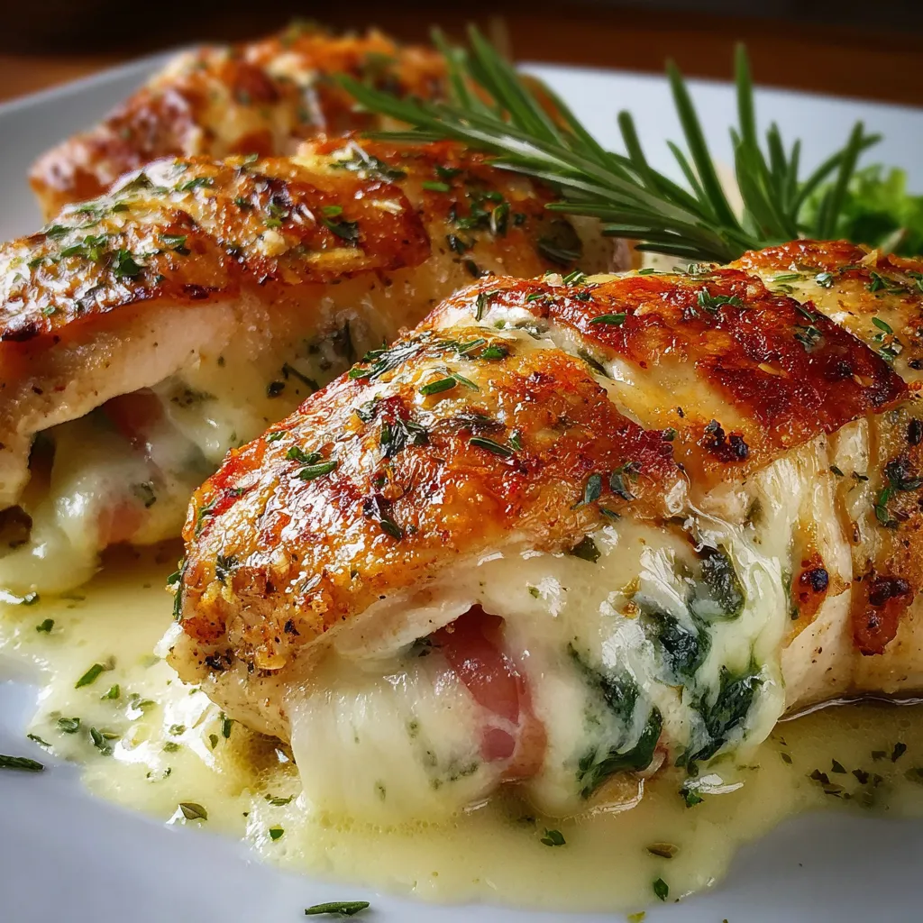 Pechugas de pollo rellenas recién salidas del horno con queso gratinado dorado