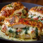 Pechugas de pollo rellenas recién salidas del horno con queso gratinado dorado