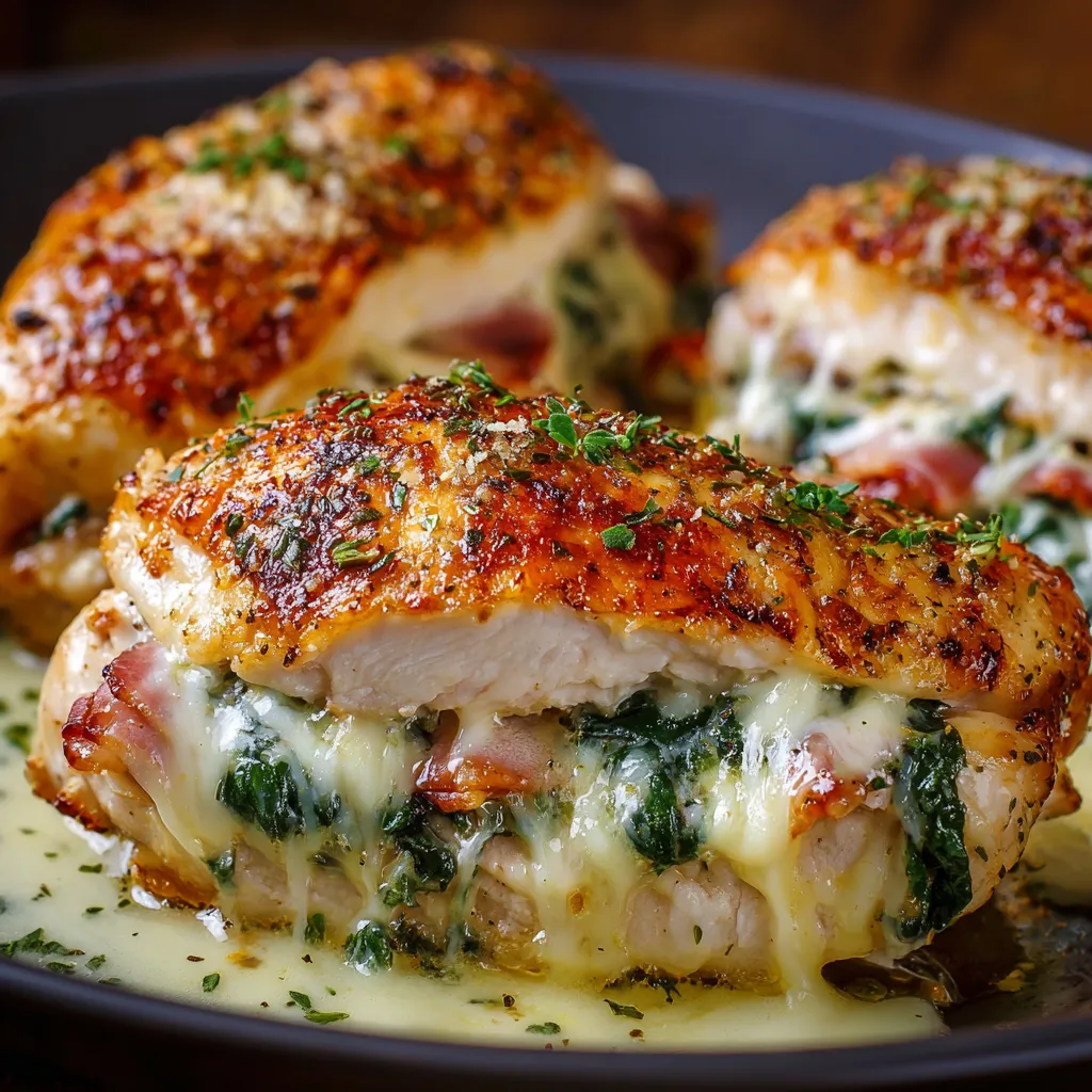 Pechugas de pollo rellenas recién salidas del horno con queso gratinado dorado