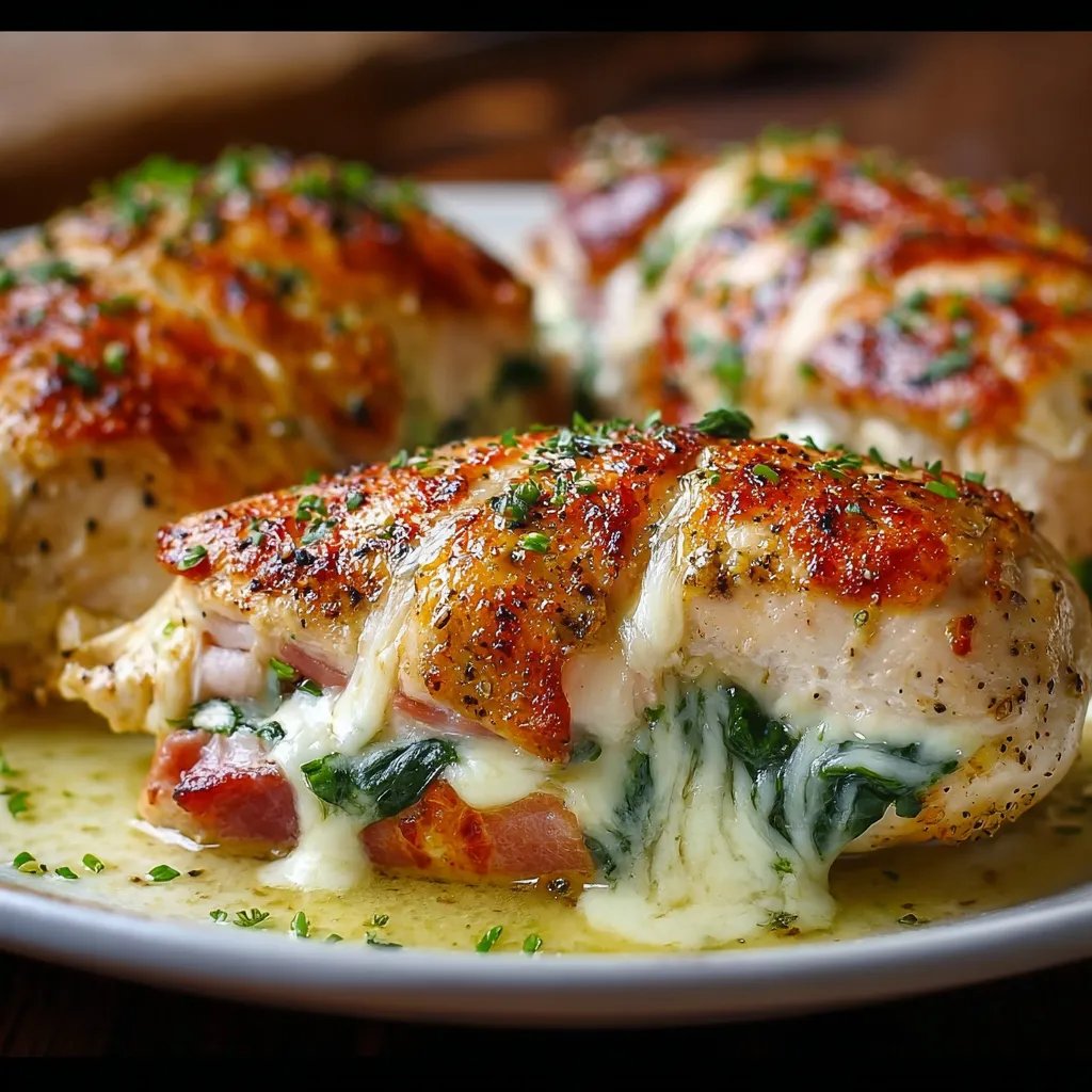 Pechugas de pollo rellenas recién salidas del horno con queso gratinado dorado