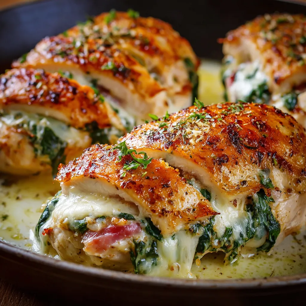 Pechugas de pollo rellenas recién salidas del horno con queso gratinado dorado
