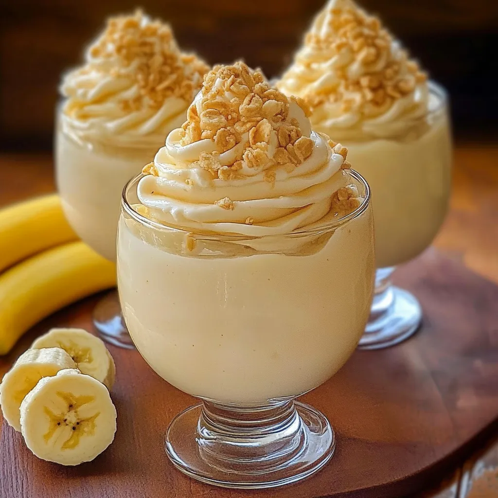 Vasito de postre de banana sin horno decorado con canela y galletas trituradas