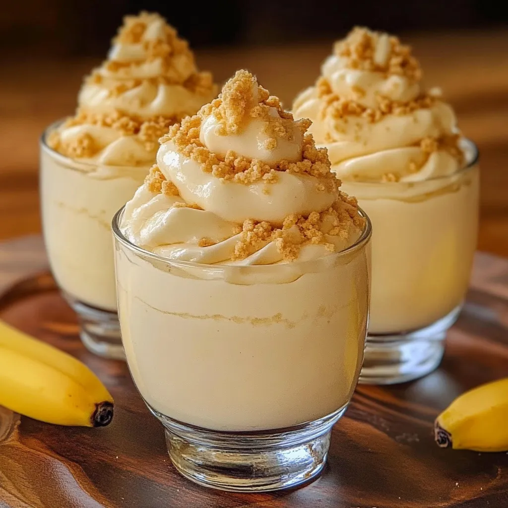 Vasito de postre de banana sin horno decorado con canela y galletas trituradas
