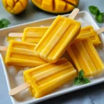 Paletas heladas de mango con yogurt servidas sobre una tabla de madera