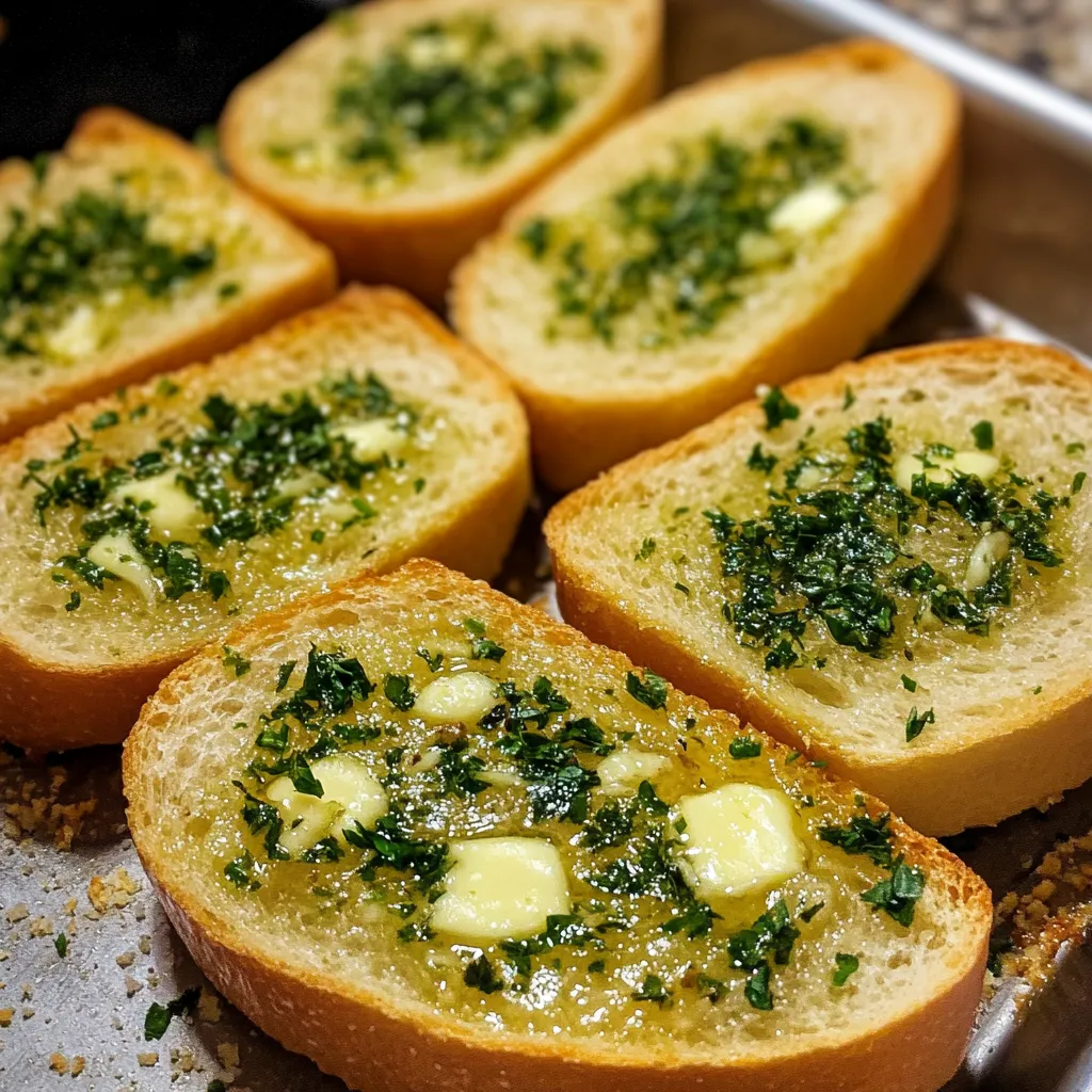 Pan de ajo casero recién horneado con mantequilla y perejil