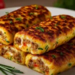 Panqueques de calabacín rellenos servidos en un plato blanco con perejil fresco