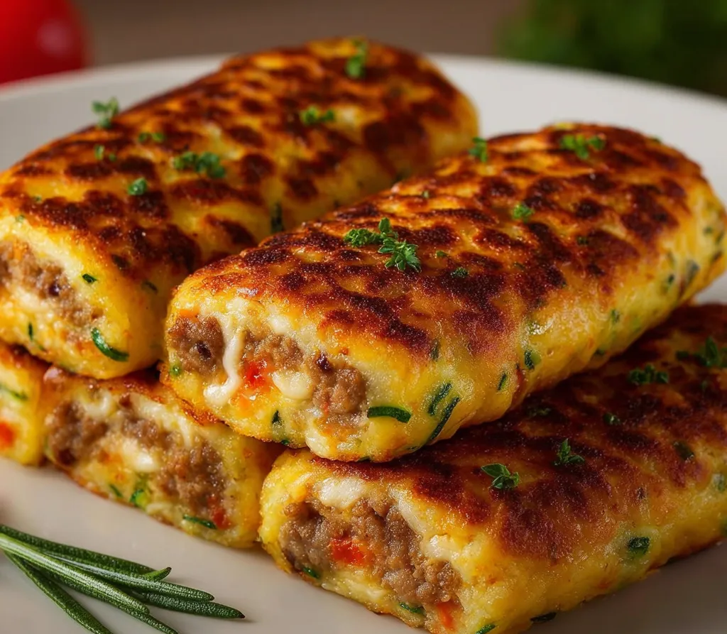 Panqueques de calabacín rellenos servidos en un plato blanco con perejil fresco