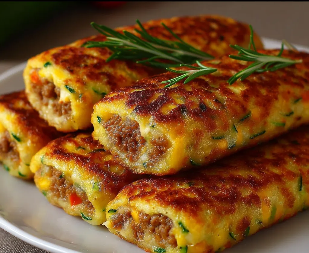Panqueques de calabacín rellenos servidos en un plato blanco con perejil fresco