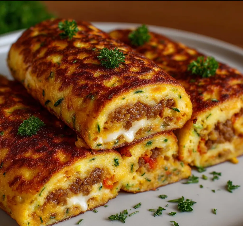 Panqueques de calabacín rellenos servidos en un plato blanco con perejil fresco