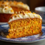 Pastel de zanahoria casero con glaseado de queso crema servido en un plato blanco