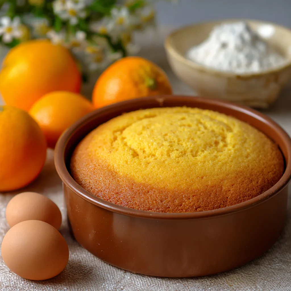 Pastel casero esponjoso recién horneado en molde redondo con aroma a naranja