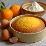 Pastel casero esponjoso recién horneado en molde redondo con aroma a naranja