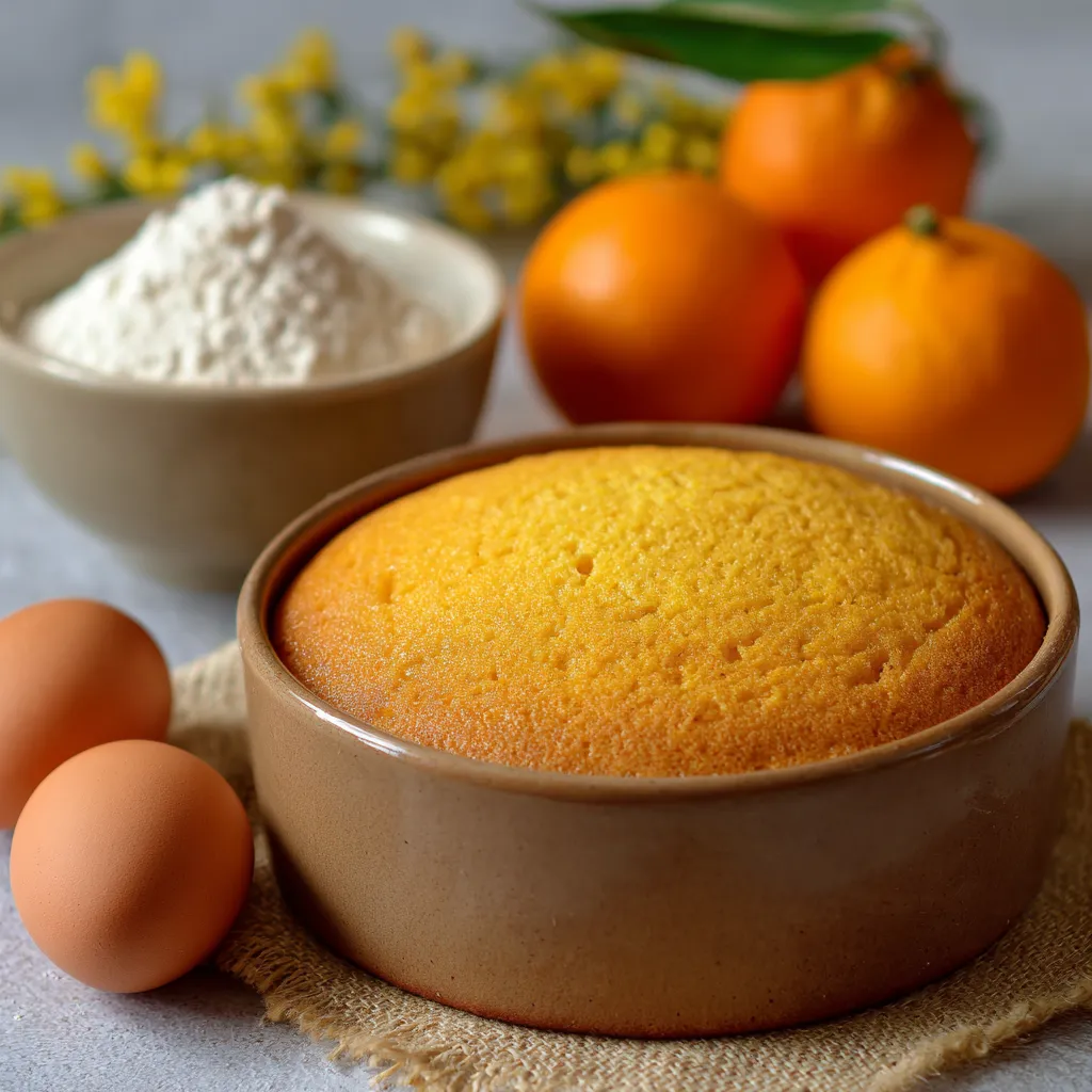 Pastel casero esponjoso recién horneado en molde redondo con aroma a naranja