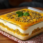 Postre brasileño en capas con crema de maracuyá y galletas, servido en molde rectangular.