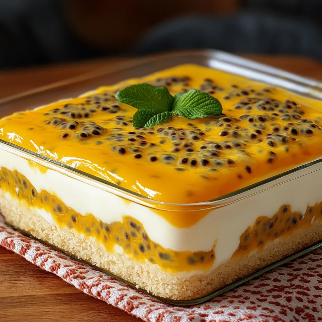 Postre brasileño en capas con crema de maracuyá y galletas, servido en molde rectangular.