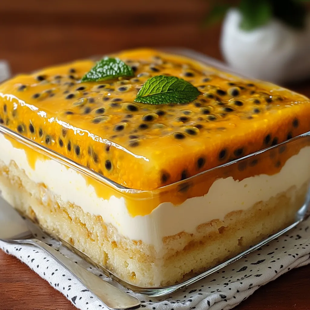 Postre brasileño en capas con crema de maracuyá y galletas, servido en molde rectangular.