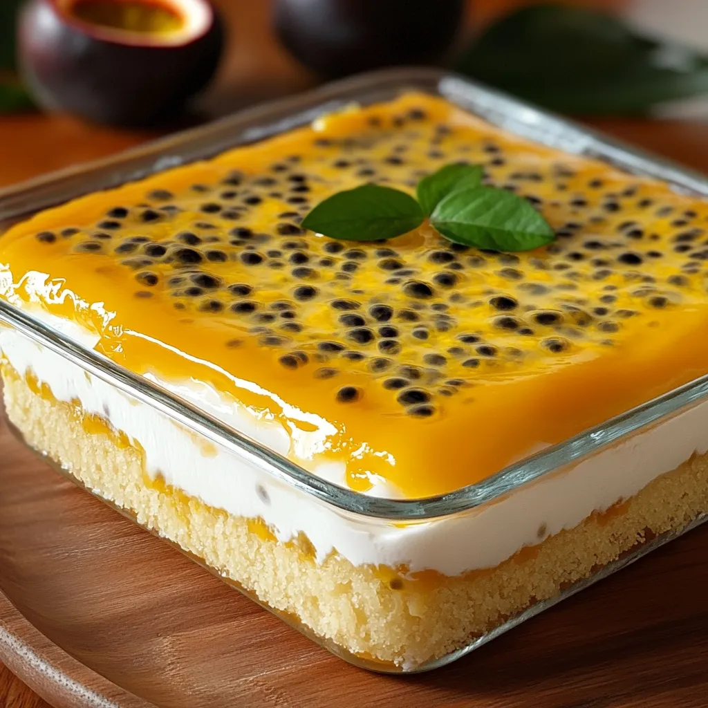 Postre brasileño en capas con crema de maracuyá y galletas, servido en molde rectangular.