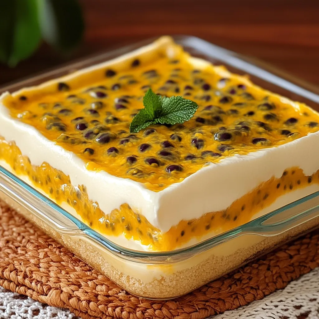 Postre brasileño en capas con crema de maracuyá y galletas, servido en molde rectangular.